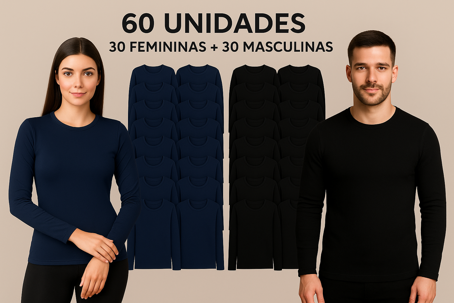 Kit Atacado 60 Unidades — Blusas Térmicas Masculinas + Femininas